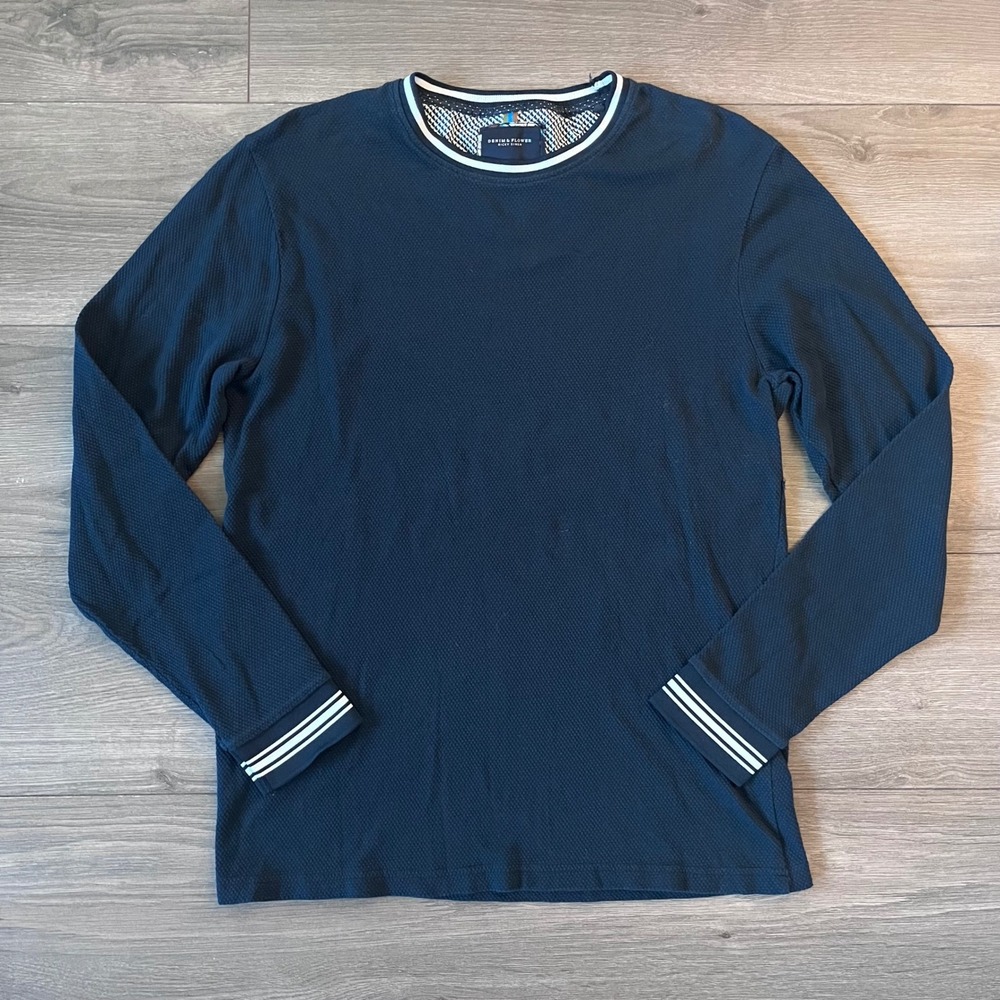 Denim & Flower Ricky Singh Mens Navy Blue Waffle Knit Long Sleeve Shirt Large